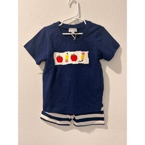 BB Baby 4T Smocked Back to School Apple Pencil Navy Striped Short Set